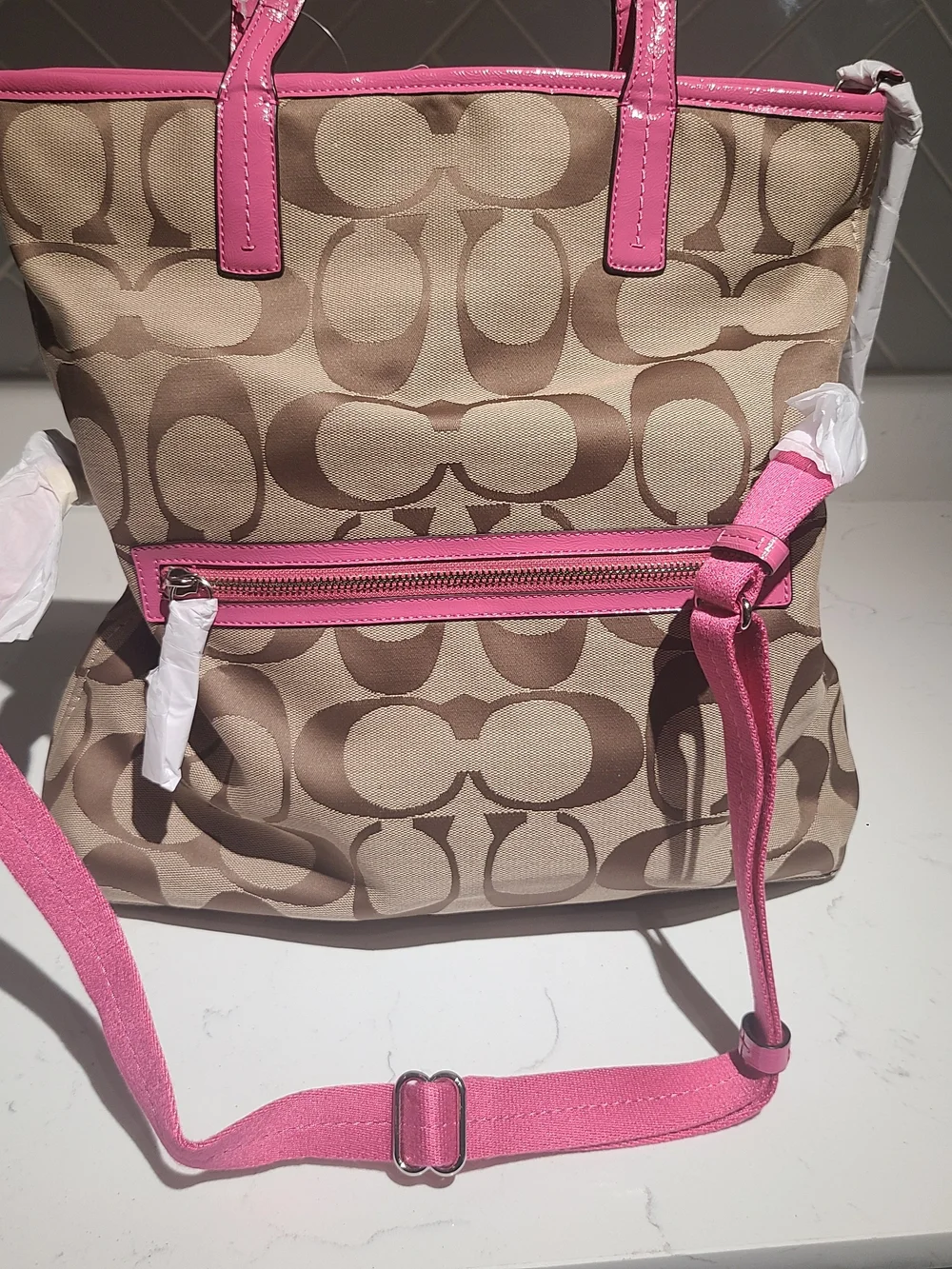 COACH Signature Stripe Khaki/Mulberry Pink Tote Bag Crossbody Purse NWT - Picture 7 of 12